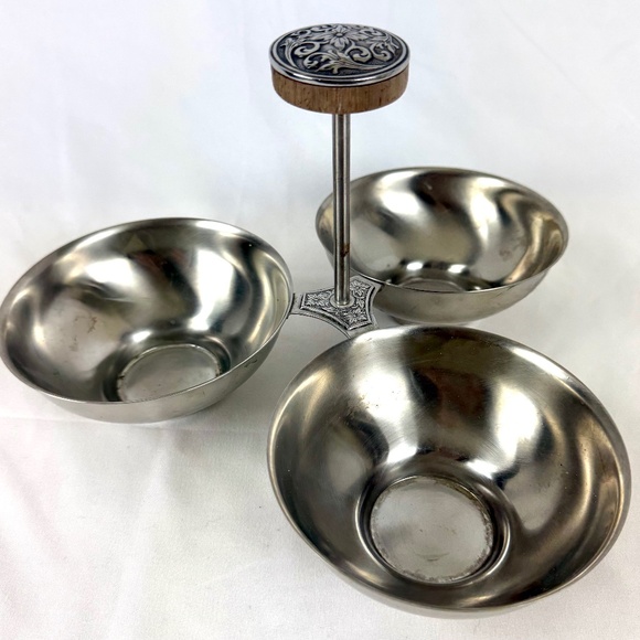 MCM 3 Bowl Condiment Relish Dish with Handle International Decorator Stainless - Picture 1 of 11